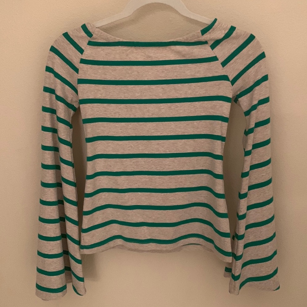 Anthropologie tan and green striped shirt Delta